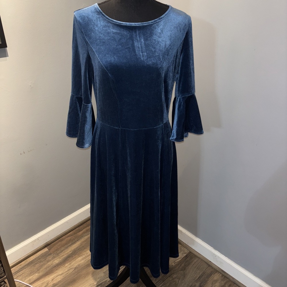 Women's Blue Velvet Midi Dress Wedding Guest Cocktail Holiday SzM